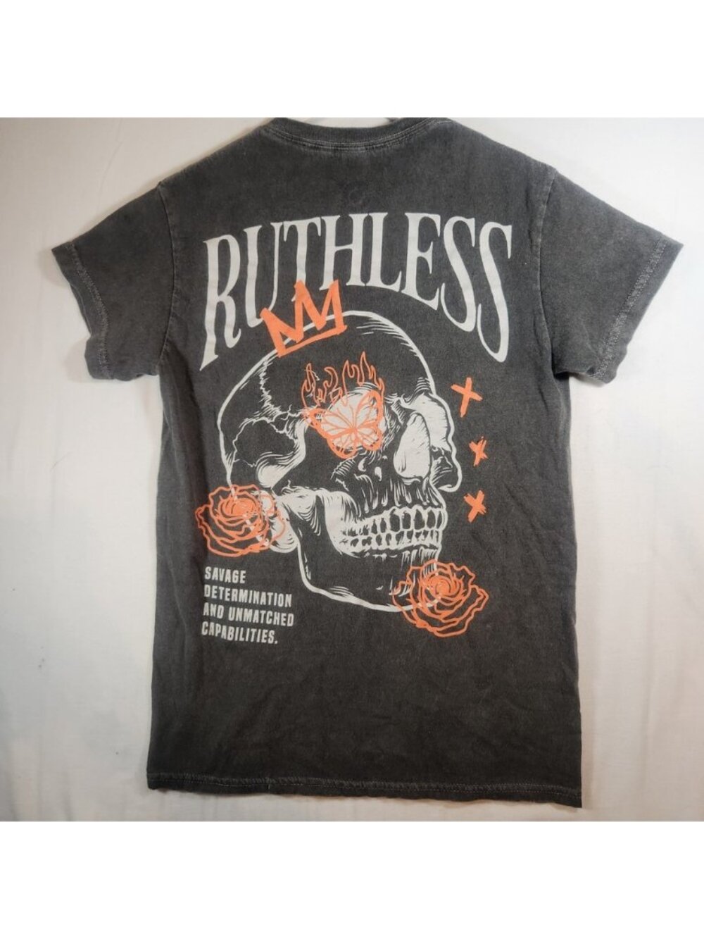 Trust The Universe Ruthless Skull Graphic T-Shirt Charcoal Gray Acid Wash Small